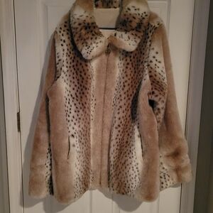 Dennis Basso Elegant Faux Fur Leopard Print Coat XL